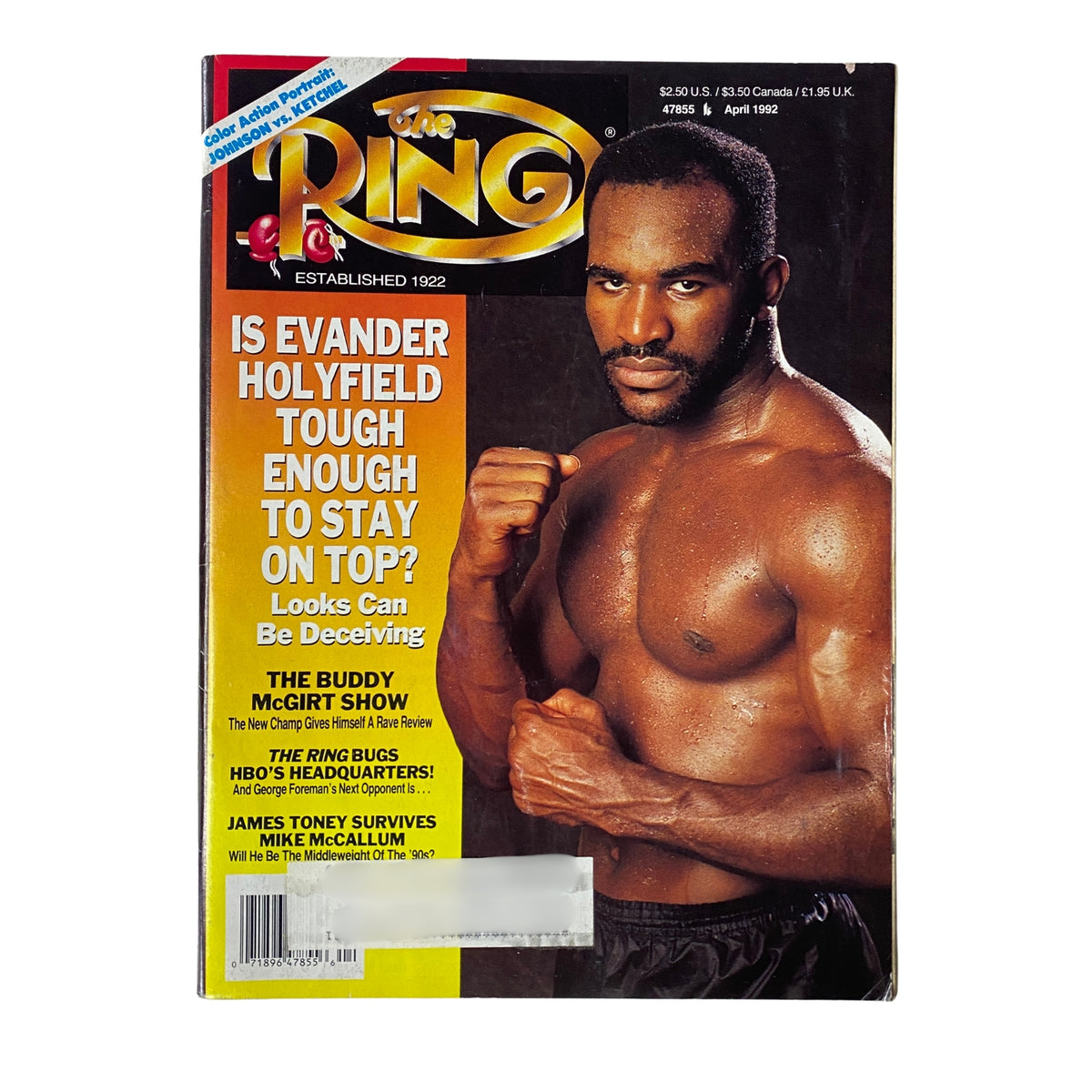 The Ring Magazine April 1992 Evander Holyfield Cover featuring a muscular Evander Holyfield posing confidently, highlighting the headline questioning his ability to stay atop the heavyweight division.