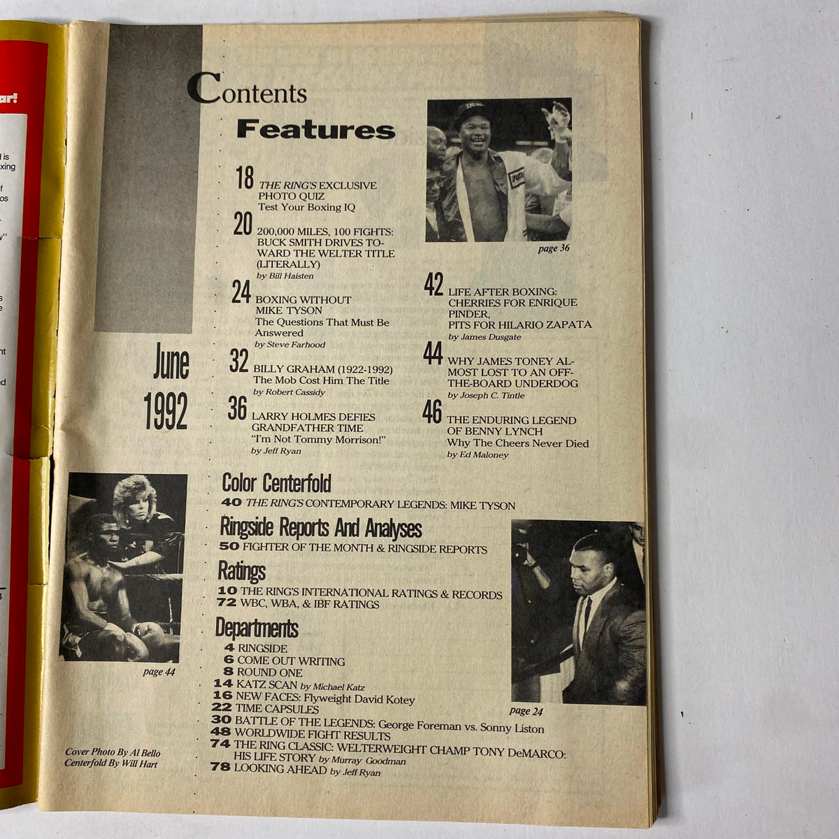Contents page from The Ring Magazine June 1992, listing features such as Mike Tyson's impact on boxing, notable articles, and centerfold details.