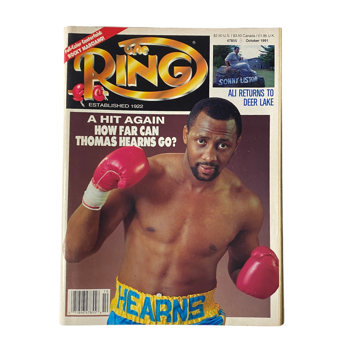 The Ring Magazine October 1991 featuring Thomas Hearns on the cover, showcasing him in boxing attire with the text 'A Hit Again How Far Can Thomas Hearns Go?'. This issue captures his legacy and highlights detailed boxing content from the early '90s.