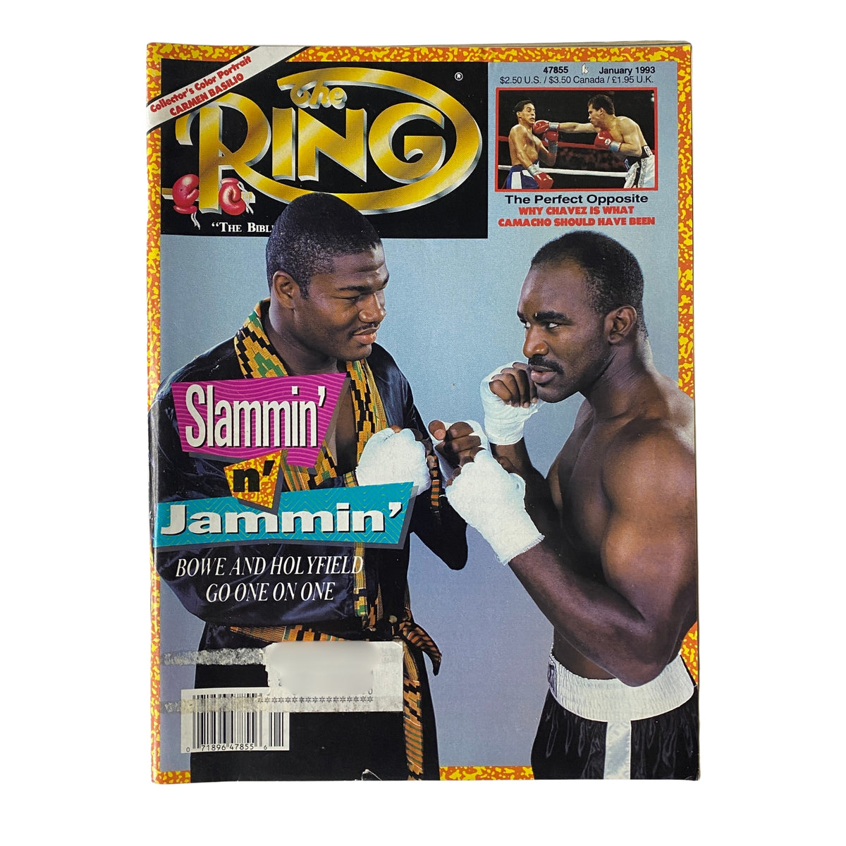 The Ring Magazine January 1993 cover featuring Evander Holyfield and Riddick Bowe with the title 'Slammin' & Jammin': Bowe and Holyfield Go One on One' in very good condition.