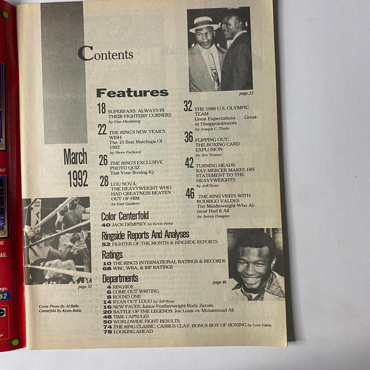 Contents page of The Ring Magazine March 1992, outlining features including articles on Ray Mercer, the U.S. Olympic boxing team, and significant boxing matchups.