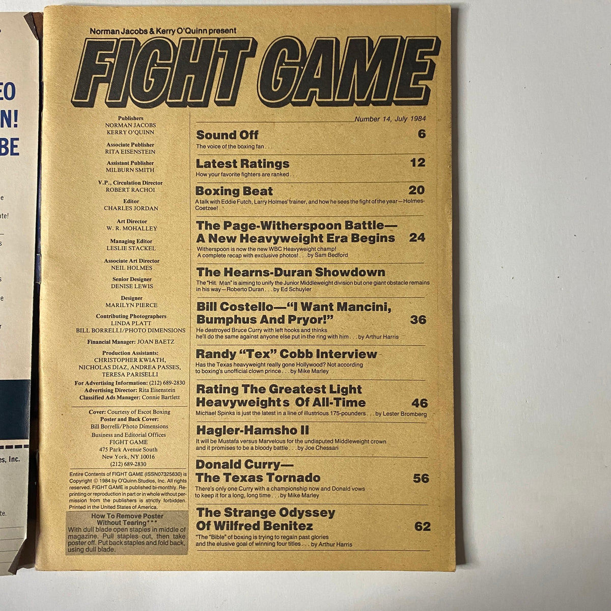 Interior page of Fight Game Magazine July 1984 Issue No. 14, listing contents including features on heavyweight boxing, interviews, and fight previews.