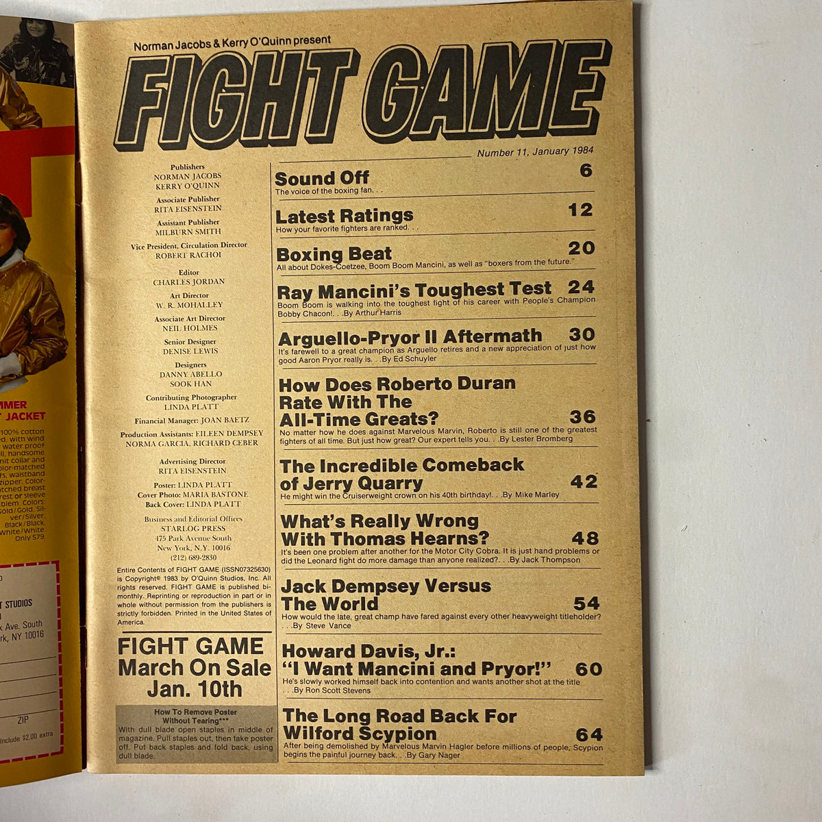 Fight Game Magazine January 1984 Issue No. 11 featuring Ray Mancini on the cover, showcasing contents including articles on boxing legends, latest ratings, and key matchups from the era.