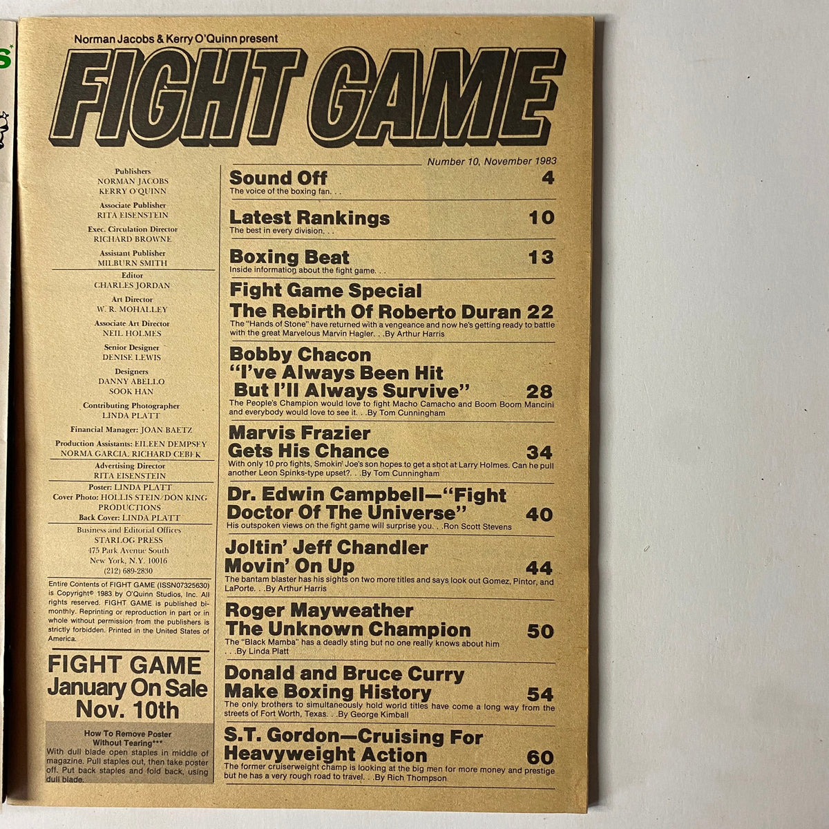 Back cover of Fight Game Magazine November 1983, showcasing the contents list, including articles on Marvis Frazier and the Curry brothers, emphasizing key boxing narratives of the era.
