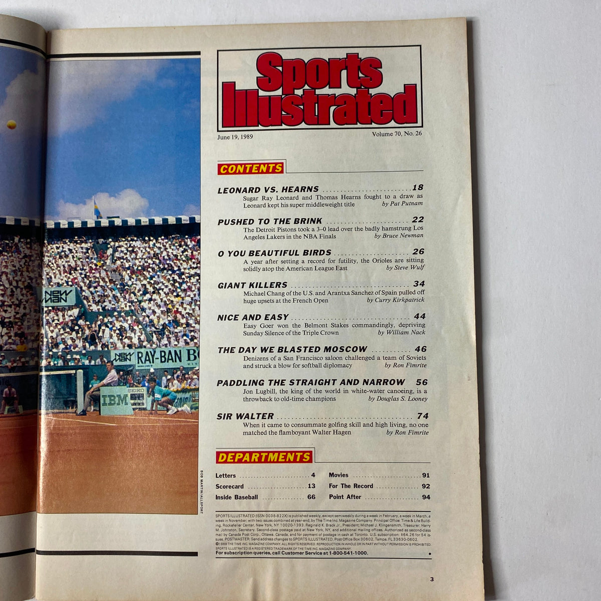 Inside page of Sports Illustrated Magazine June 19, 1989, displaying the contents including the feature on Leonard vs. Hearns, capturing significant sports events of the time.