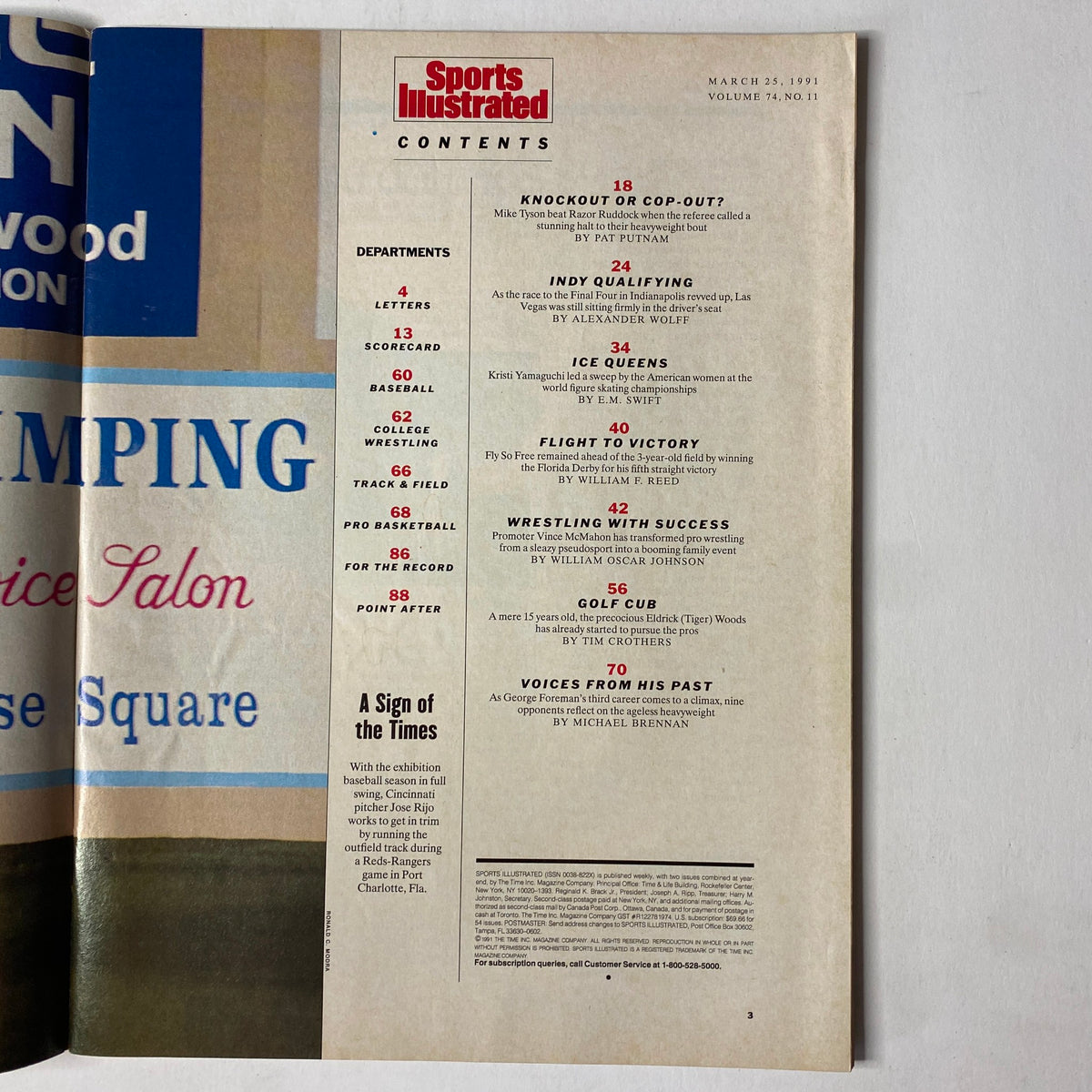 Content page of Sports Illustrated Magazine March 25, 1991 featuring articles including 'Knockout or Cop-Out?' and highlights on sports events.