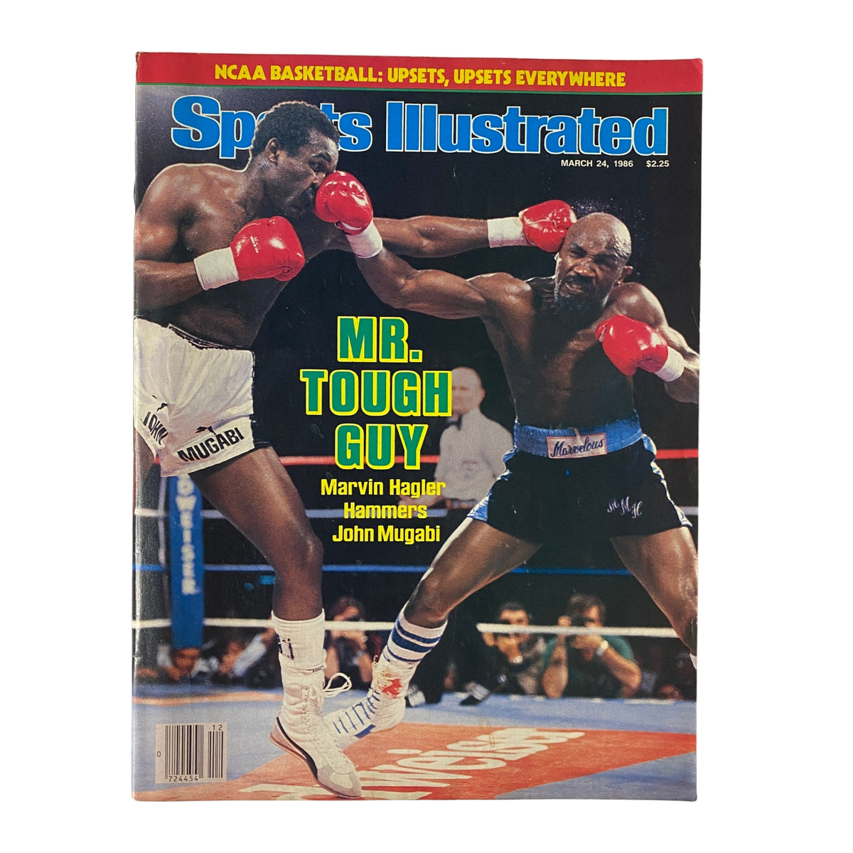 Sports Illustrated Magazine cover from March 24, 1986 featuring Marvin Hagler vs. John Mugabi with the title 'Mr. Tough Guy', showcasing a boxing match between Hagler and Mugabi.