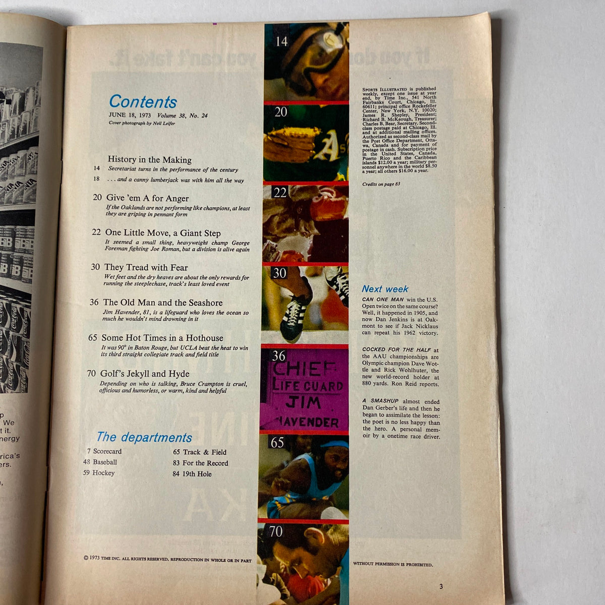 Interior page of Sports Illustrated Magazine June 18, 1973 featuring the table of contents and highlights from that issue, including significant sports events like Secretariat's performance and George Foreman's fight, showcasing a vintage sports magazine from Original Magazines.
