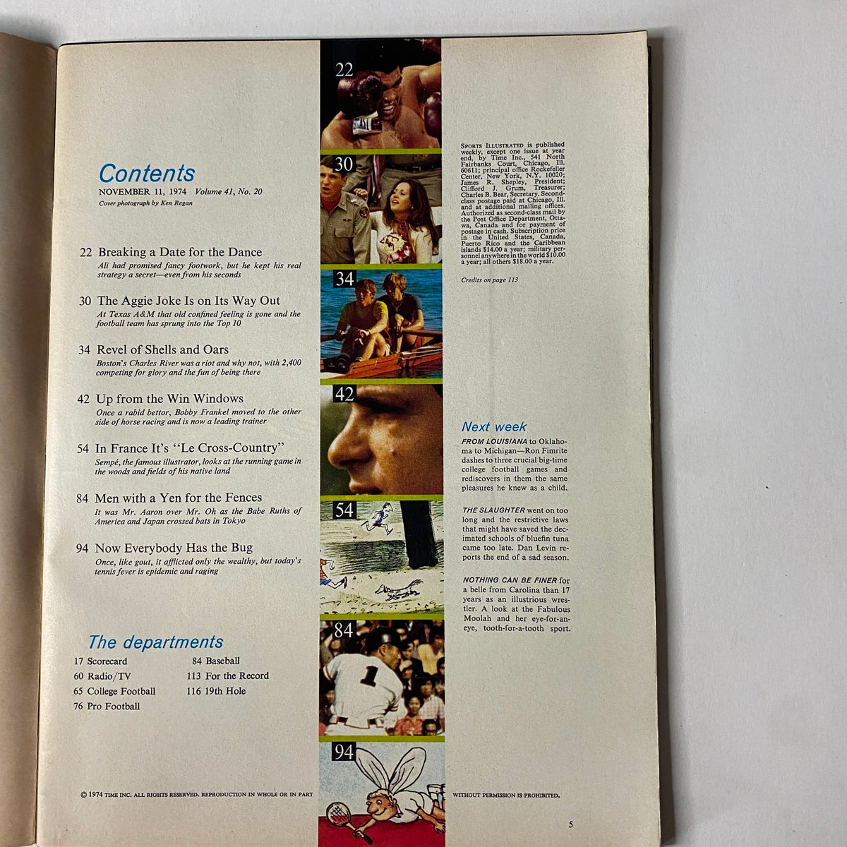Contents page of Sports Illustrated Magazine, November 11, 1974, listing features including Muhammad Ali's strategy against George Foreman and other sports highlights.