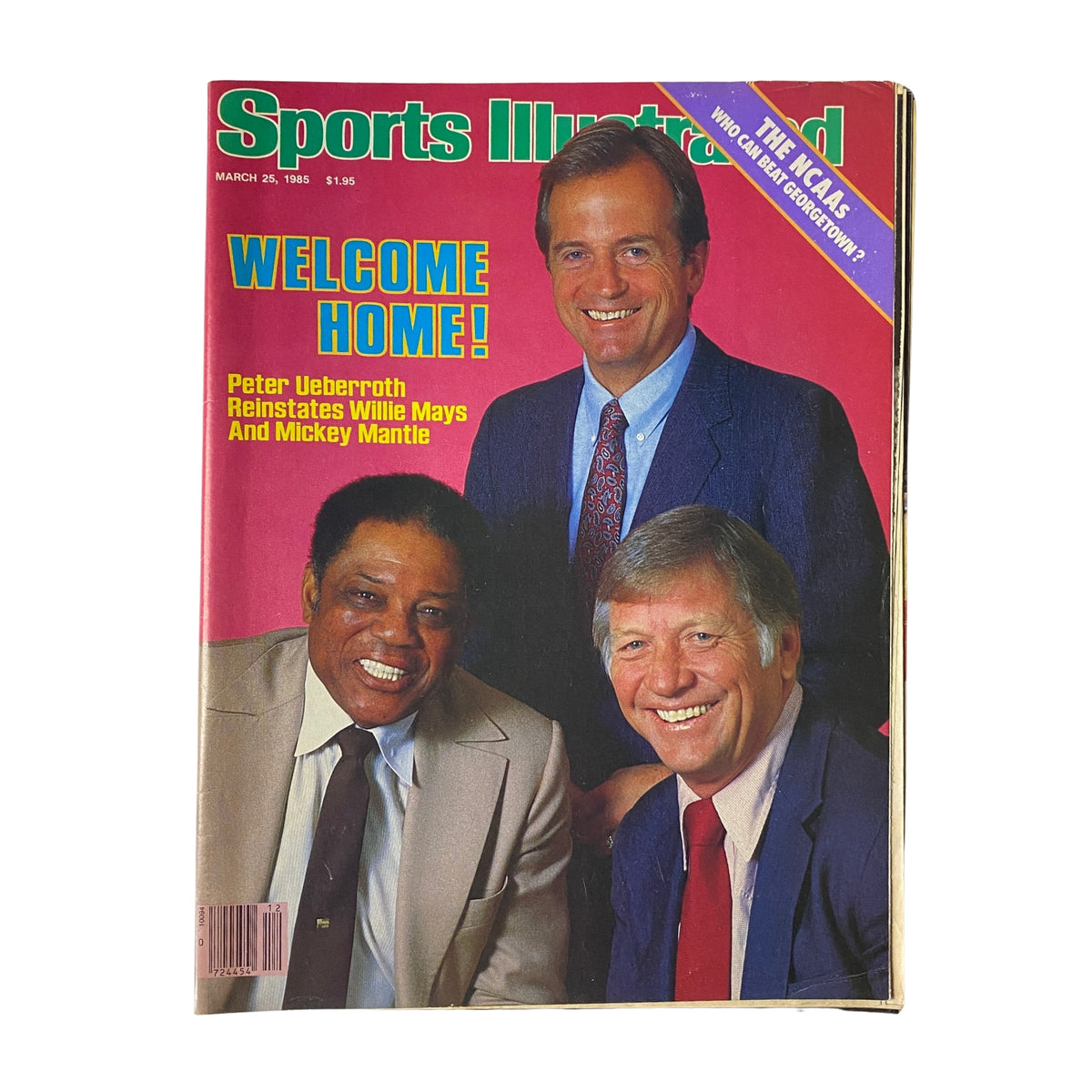 Cover of Sports Illustrated Magazine, March 25, 1985, featuring Commissioner Peter Ueberroth with baseball legends Willie Mays and Mickey Mantle, highlighting their reinstatement in baseball.