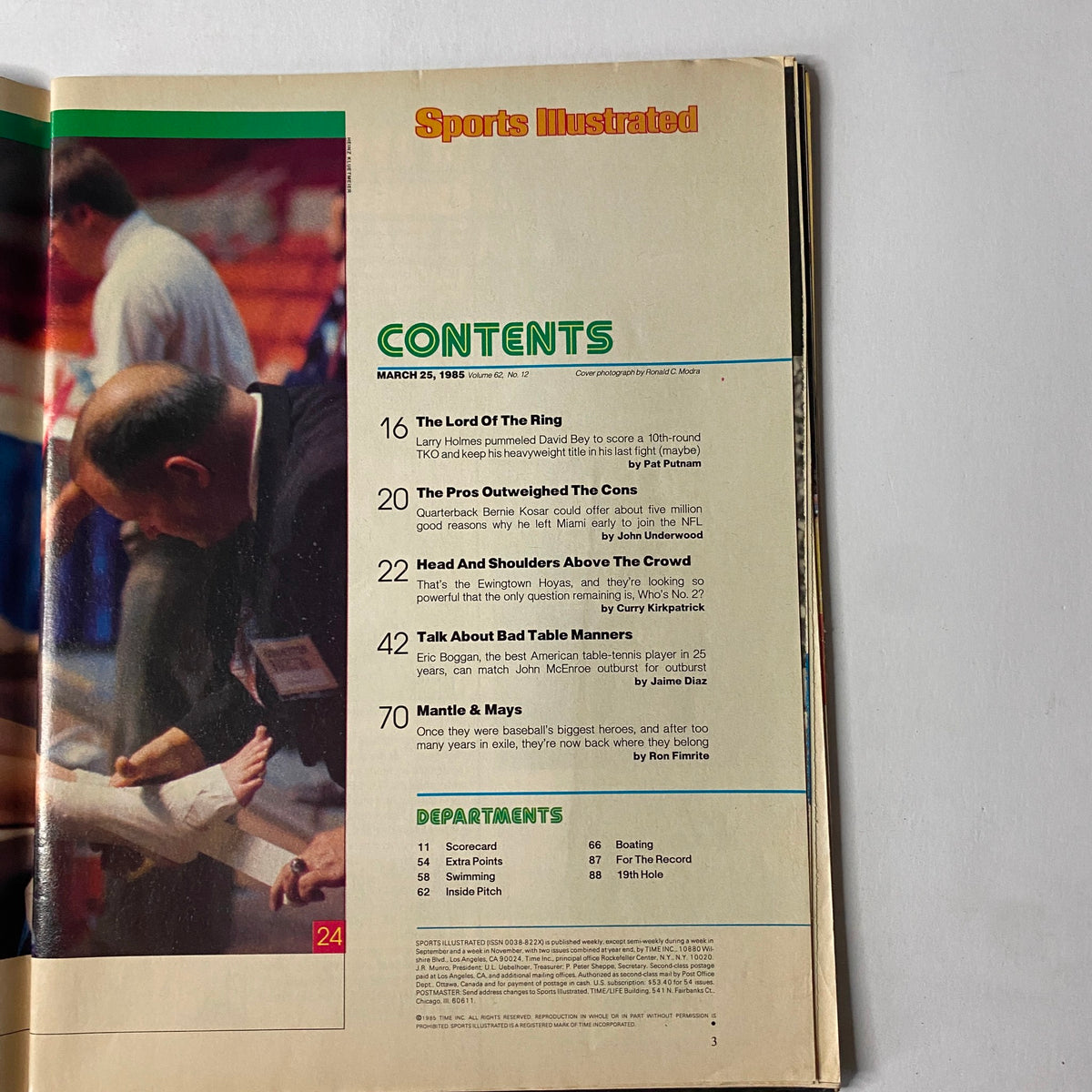 Contents page of Sports Illustrated Magazine, March 25, 1985, listing articles including 'The Lord of the Ring', 'The Pros Outweighed the Cons', and 'Mantle & Mays', focusing on major sports stories of the 1980s.