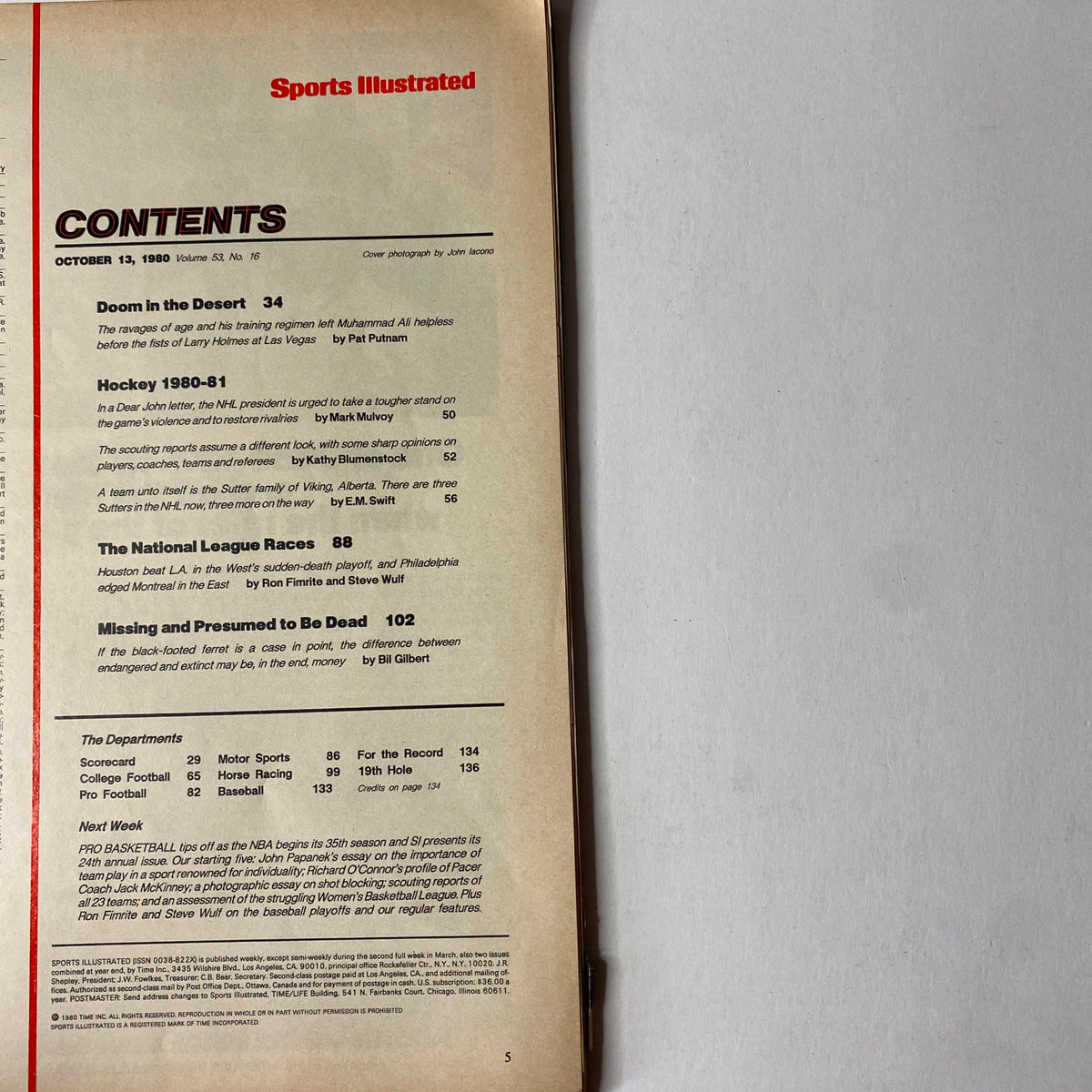 Contents page of Sports Illustrated Magazine, October 13, 1980, detailing features including 'Doom in the Desert' and the National League races.