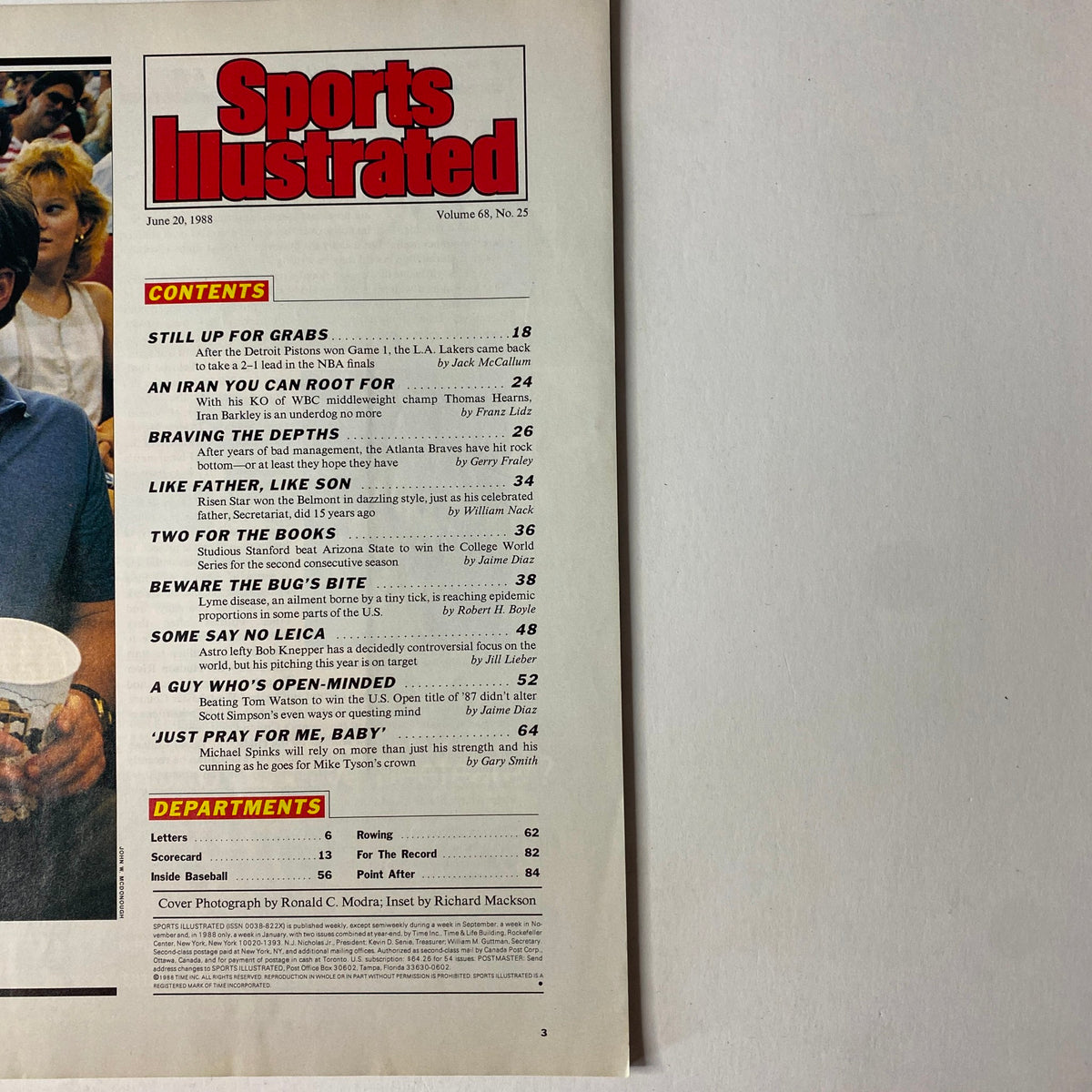 Inside page of Sports Illustrated Magazine June 20, 1988 showcasing the contents, including articles on Michael Spinks, Iran Barkley's upset victory, and the NBA Finals.