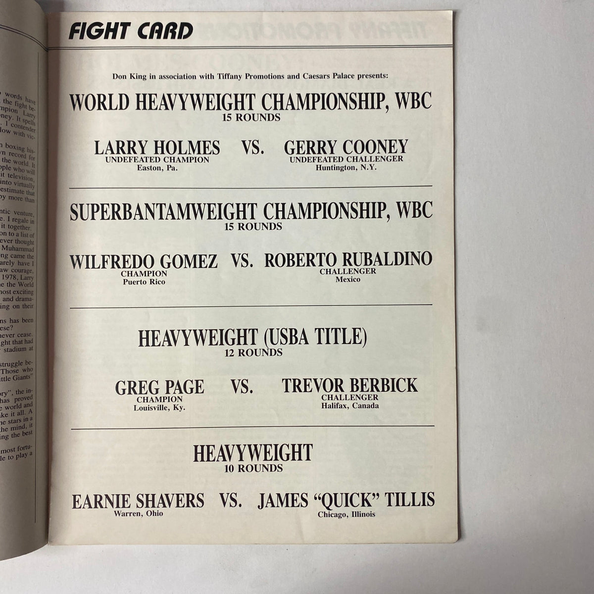 Inside page of the 1982 Caesar's Palace Larry Holmes vs. Gerry Cooney Official Souvenir Program showing the fight card including match details for heavyweight and super bantamweight championship bouts.