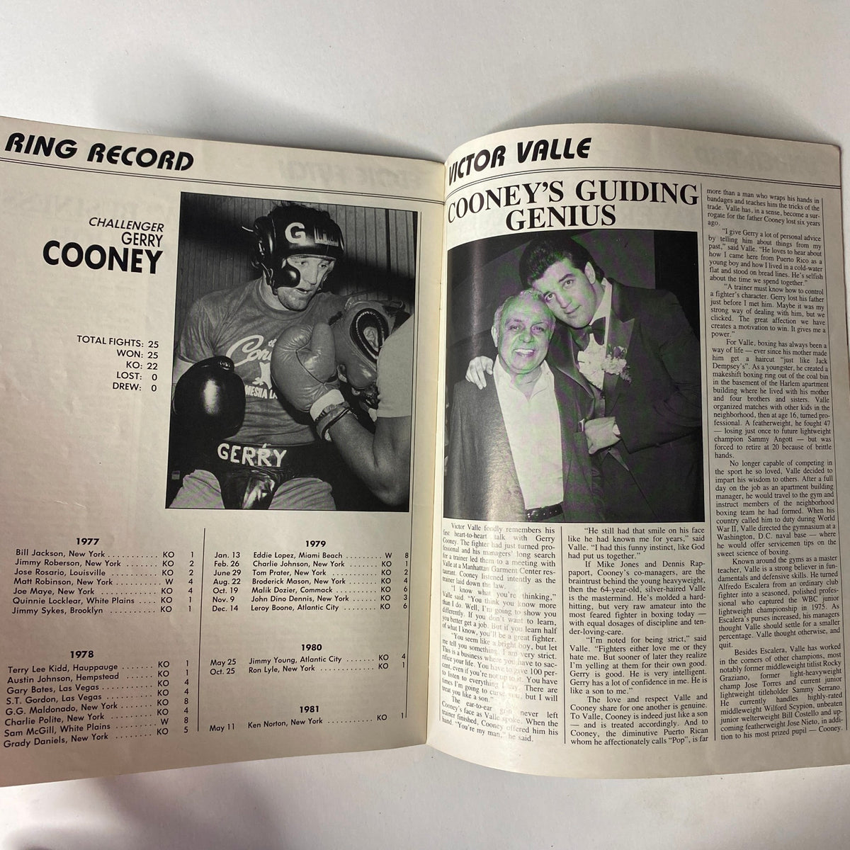 Official souvenir program for the 1982 Caesar's Palace boxing match featuring Gerry Cooney, showcasing Cooney's ring record and details about his boxing career.