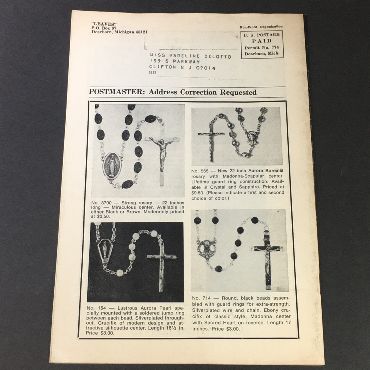 Back cover of Leaves from the Marianhill Fathers, Vol. 46 #3 May-June 1980 - St. Therese displaying advertisements for religious items.