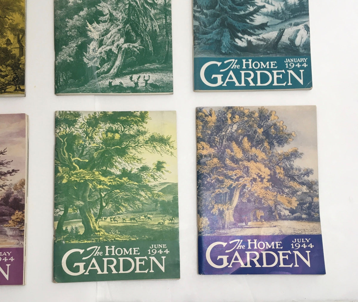 Vintage Magazine Collection: Lot of 12 The Home Garden Complete Year January to December 1944 showing various monthly issues emphasizing vintage designs and gardening themes.