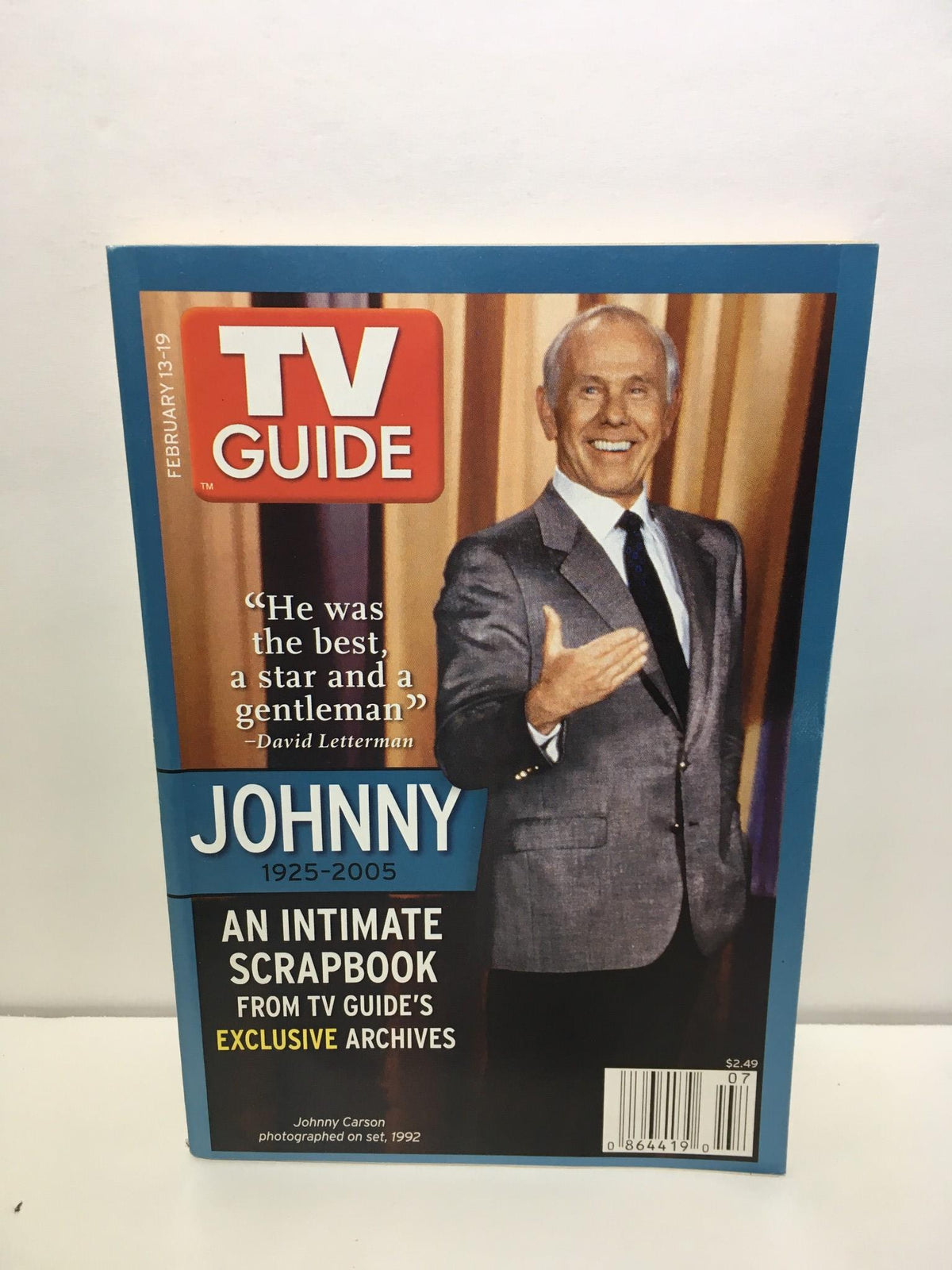 TV Guide cover from February 13-19, 2005 featuring Johnny Carson, highlighting a nostalgic tribute to the late-night television icon with quotes from David Letterman.