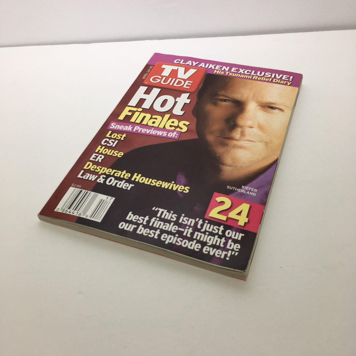 Front cover of the TV Guide featuring Kiefer Sutherland and titles like 'Hot Finales' and 'Desperate Housewives', part of 'TV Guide April 24-30 2005 Kiefer Sutherland Sneak Preview Cover'.