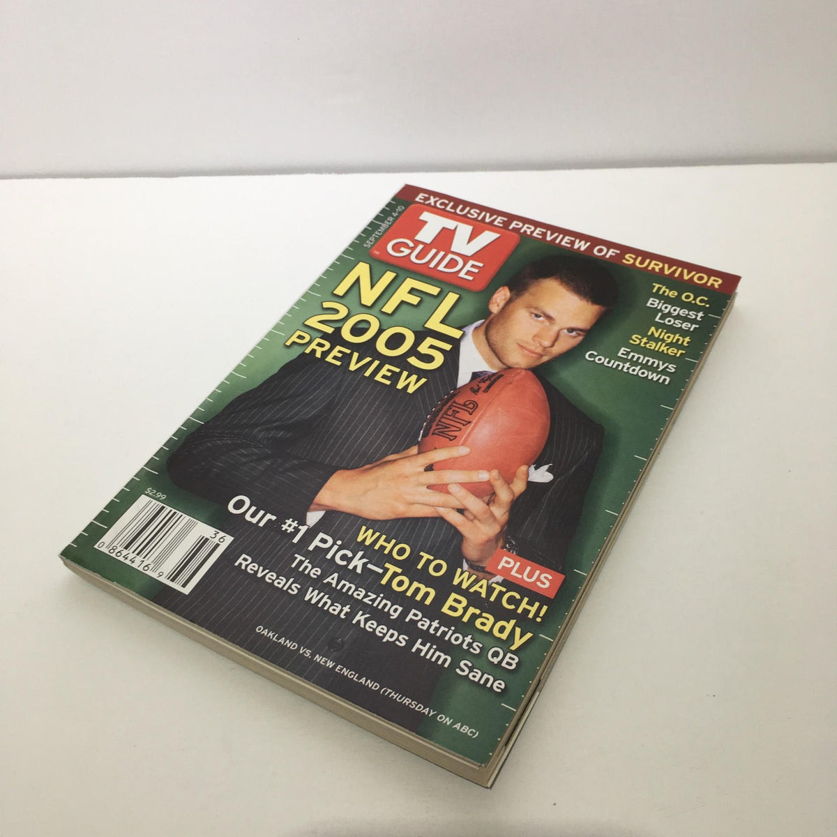 Cover of TV Guide dated Sept 4-10 2005 showcasing Tom Brady with a football, titled 'NFL 2005 Preview' featuring insights about the New England Patriots.