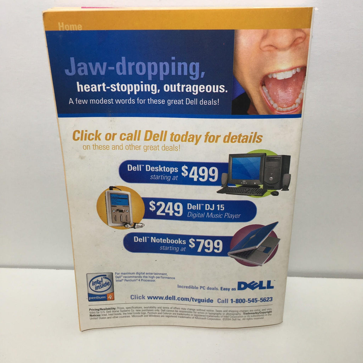 Dell advertisement showcasing jaw-dropping deals on Desktops, digital music players, and notebooks. Features pricing starting at $249 and prominent call-to-action for more information.