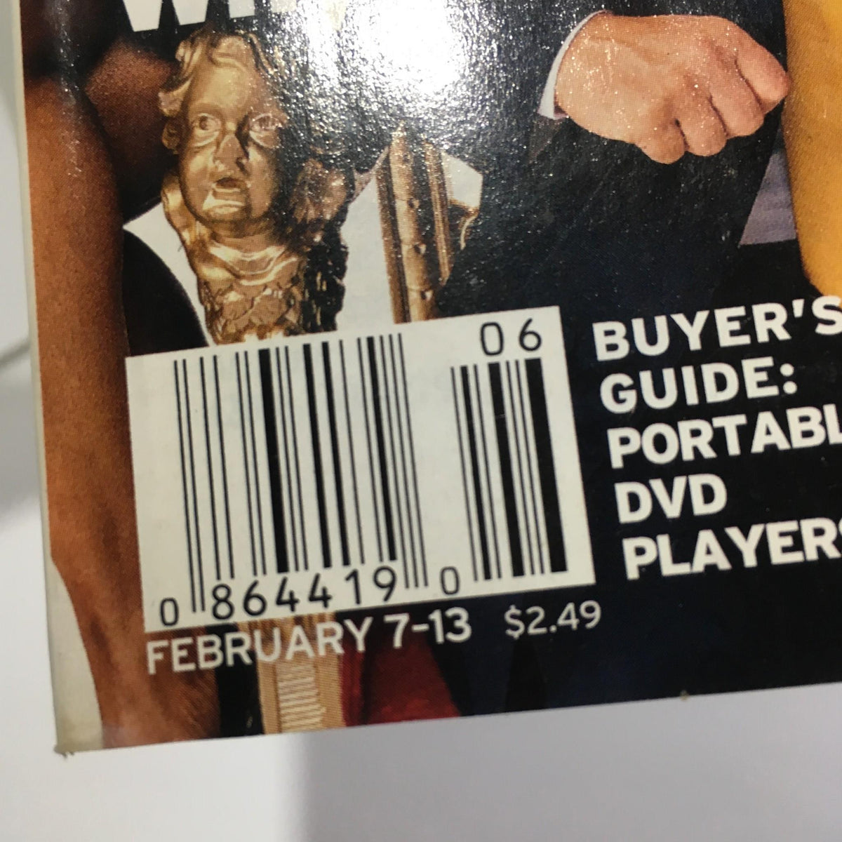 Close-up of the barcode of TV Guide February 7-13 2004 with pricing indicating its collectible value.