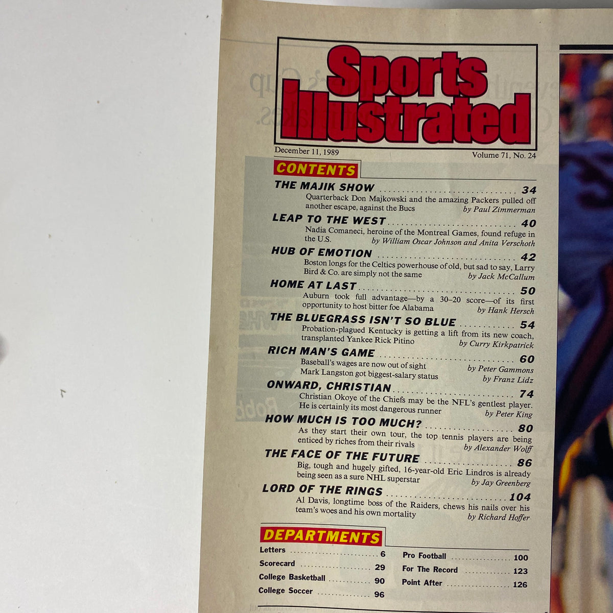 Table of contents page from Sports Illustrated Magazine December 11, 1989, detailing articles including 'The Majik Show' and 'Hub of Emotion' about Larry Bird and the Celtics.