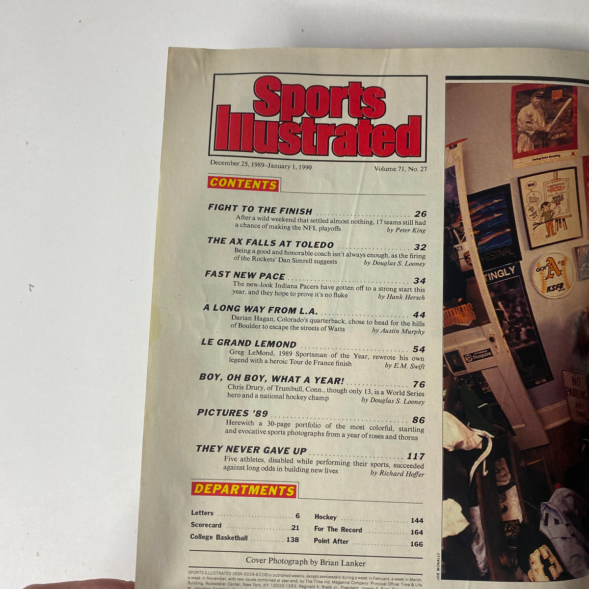 Contents page of Sports Illustrated Magazine December 25, 1989, outlining featured articles including 'Fight to the Finish' and 'Le Grand LeMond', from the double issue celebrating notable sports events.