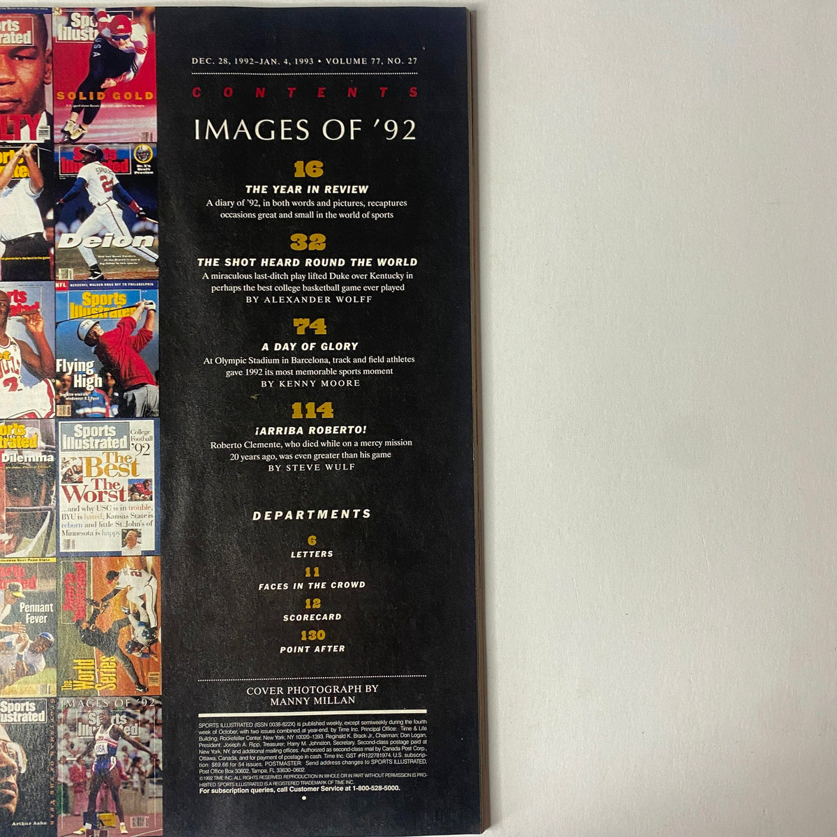 Table of contents from Sports Illustrated Magazine December 28, 1992 featuring 'The Year in Review', 'The Shot Heard Round the World', and 'A Day of Glory' articles.