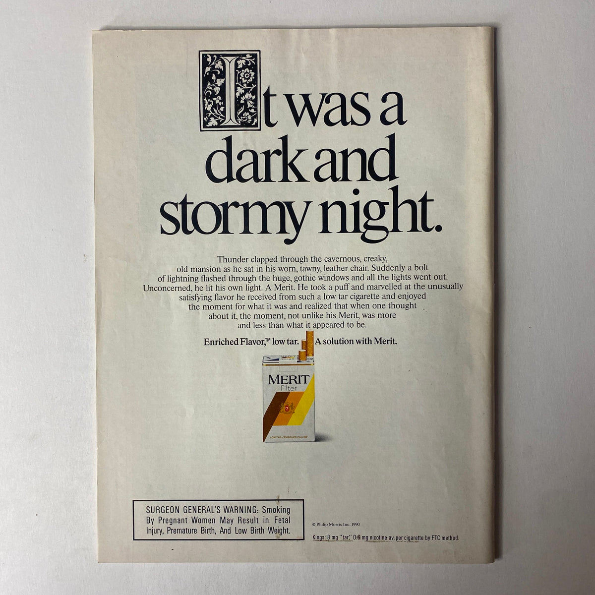 Advertisement page from Sports Illustrated Magazine May 14, 1990 showing 'It was a dark and stormy night' with a focus on Merit cigarettes.