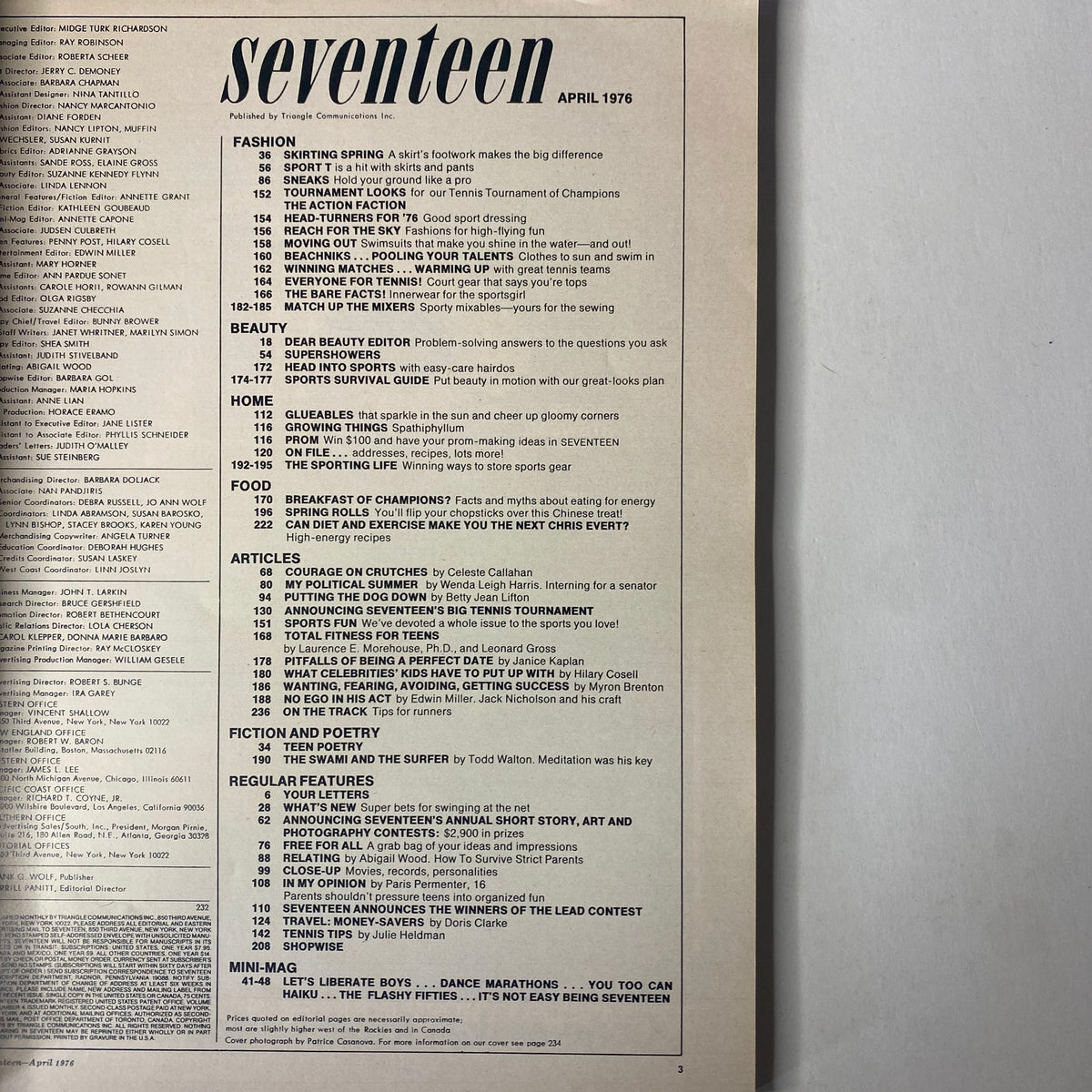 Seventeen Magazine April 1976 Table of Contents featuring articles on fashion, beauty, health, and lifestyle for teens, highlighting the cover story 'How To Survive Strict Parents' in very good condition.