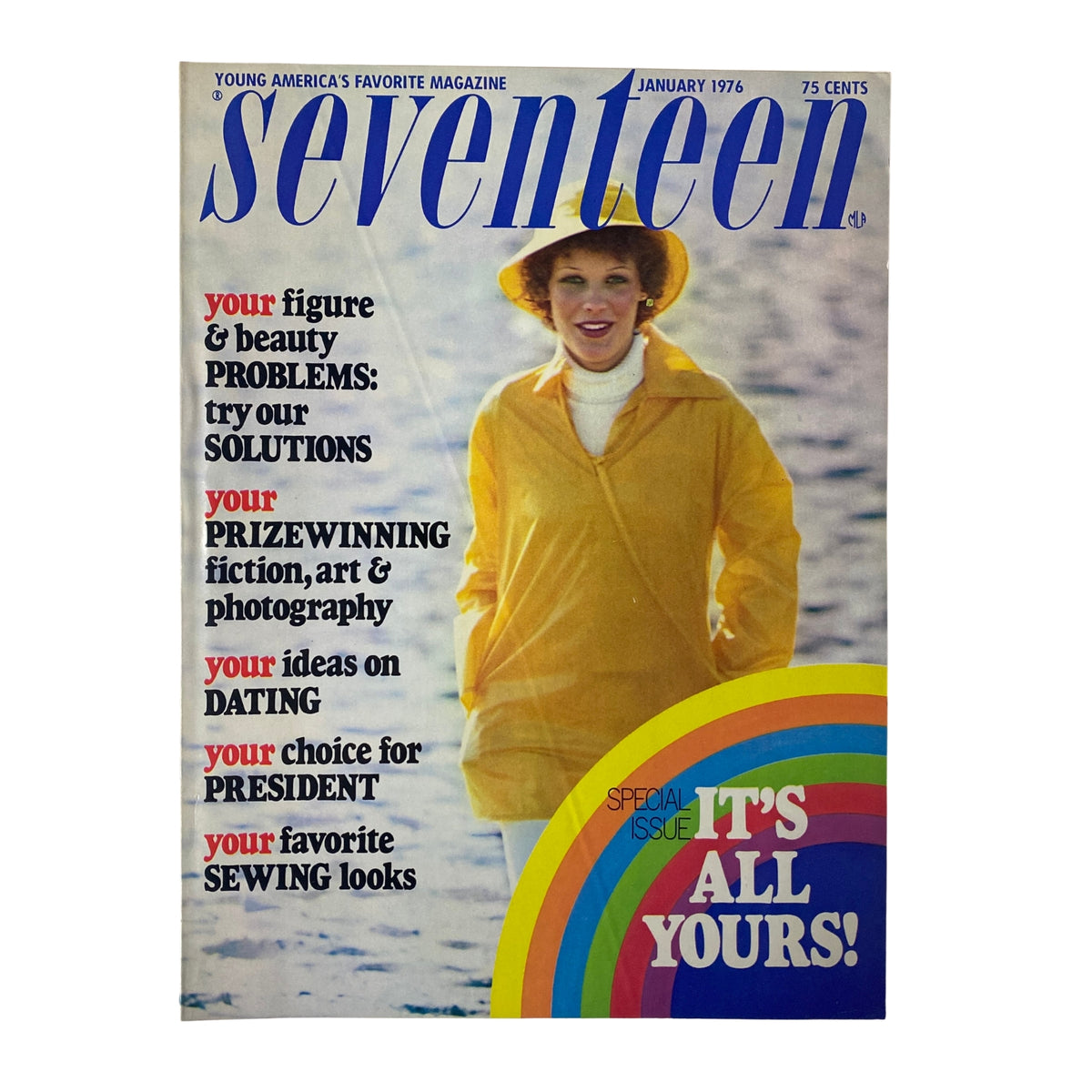 Cover of Seventeen Magazine January 1976 featuring a model in a yellow raincoat, highlighting the issue’s focus on fashion and beauty with the tagline 'It's All Yours'.