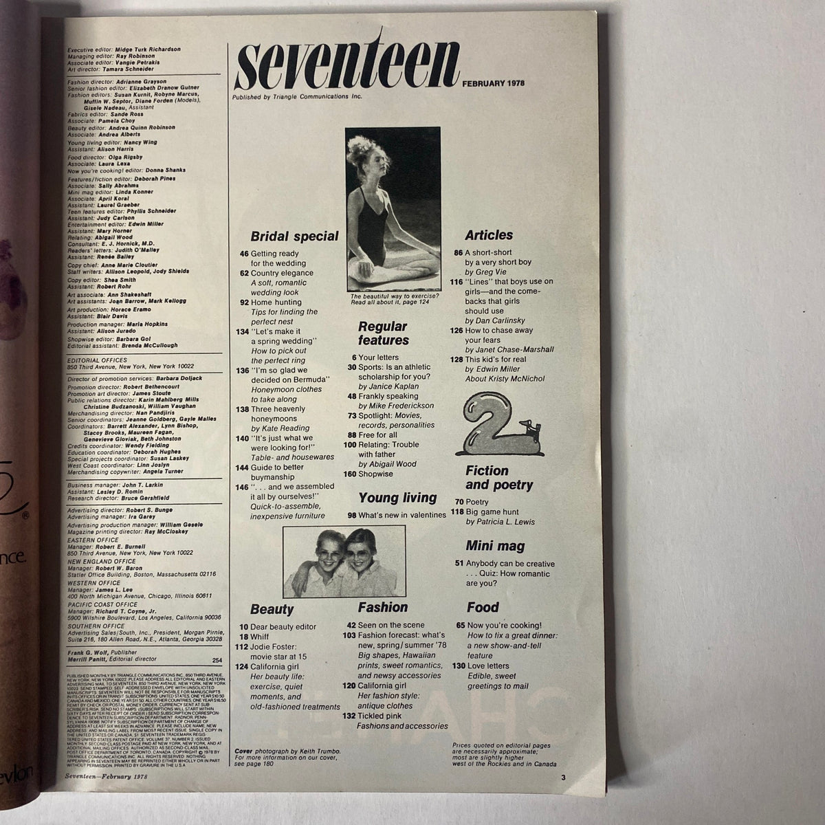 Interior page of Seventeen Magazine February 1978, displaying table of contents, including sections on bridal specials, beauty, fashion, and articles relevant to teenage readers.