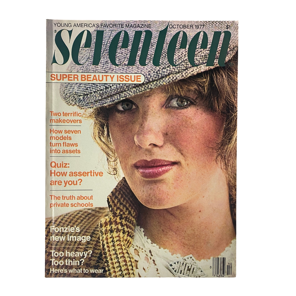 Cover of Seventeen Magazine October 1977 Super Beauty Issue featuring a model wearing a stylish hat and makeup, highlighting retro beauty trends.