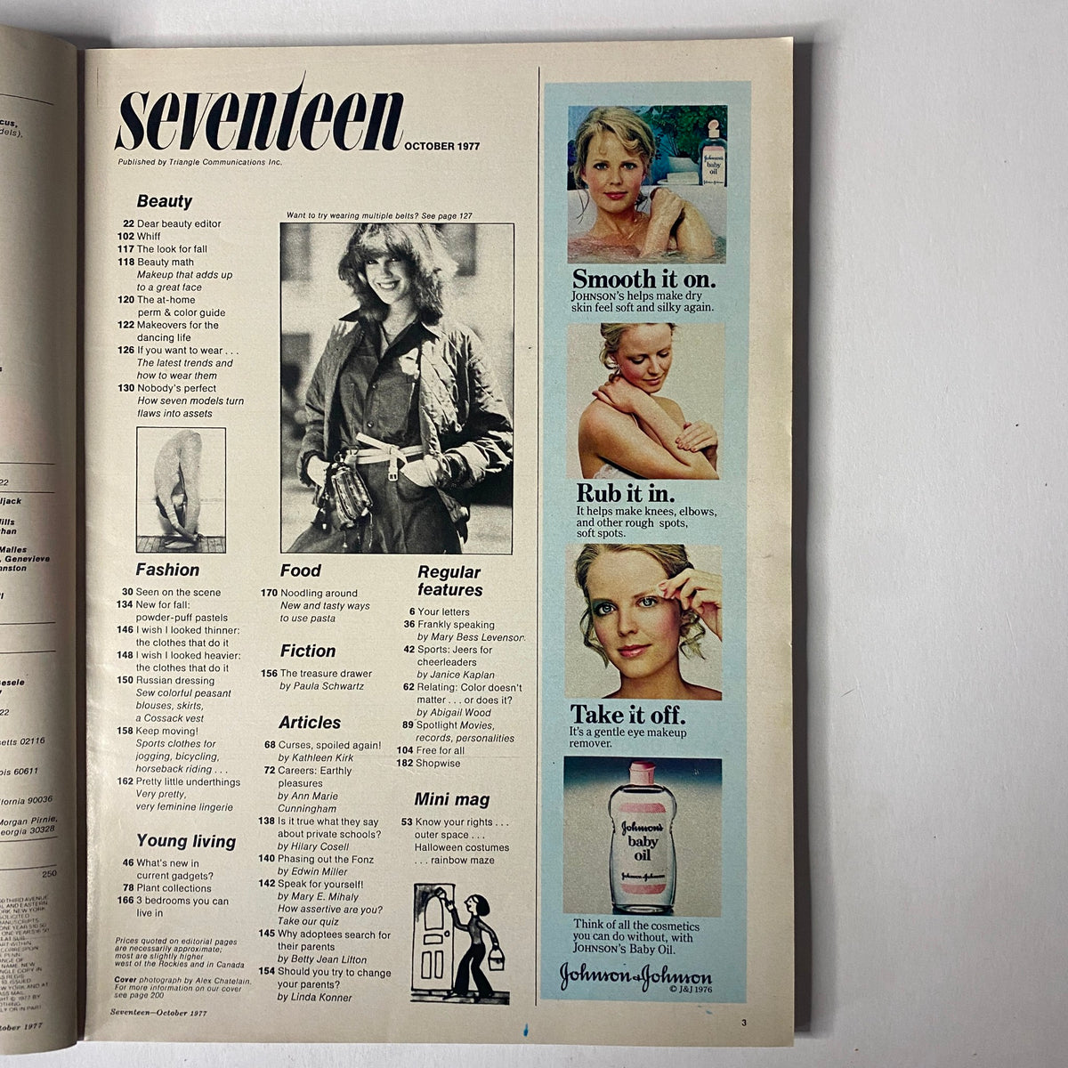 Inside page of Seventeen Magazine October 1977 Super Beauty Issue showcasing articles on beauty, fashion, and lifestyle with eye-catching visuals.