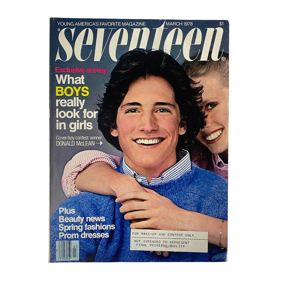 Seventeen Magazine March 1978 cover featuring Donald McLean as the Cover-Boy Winner, with an exclusive survey on what boys look for in girls. Highlights include spring fashion and beauty tips.