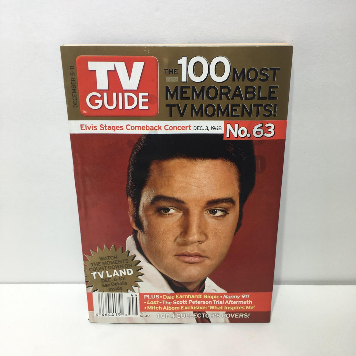 Cover of TV Guide December 5-11, 2004 featuring Elvis Presley and highlighting his Comeback Concert from December 3, 1968, with a bold title stating 'The 100 Most Memorable TV Moments!'.