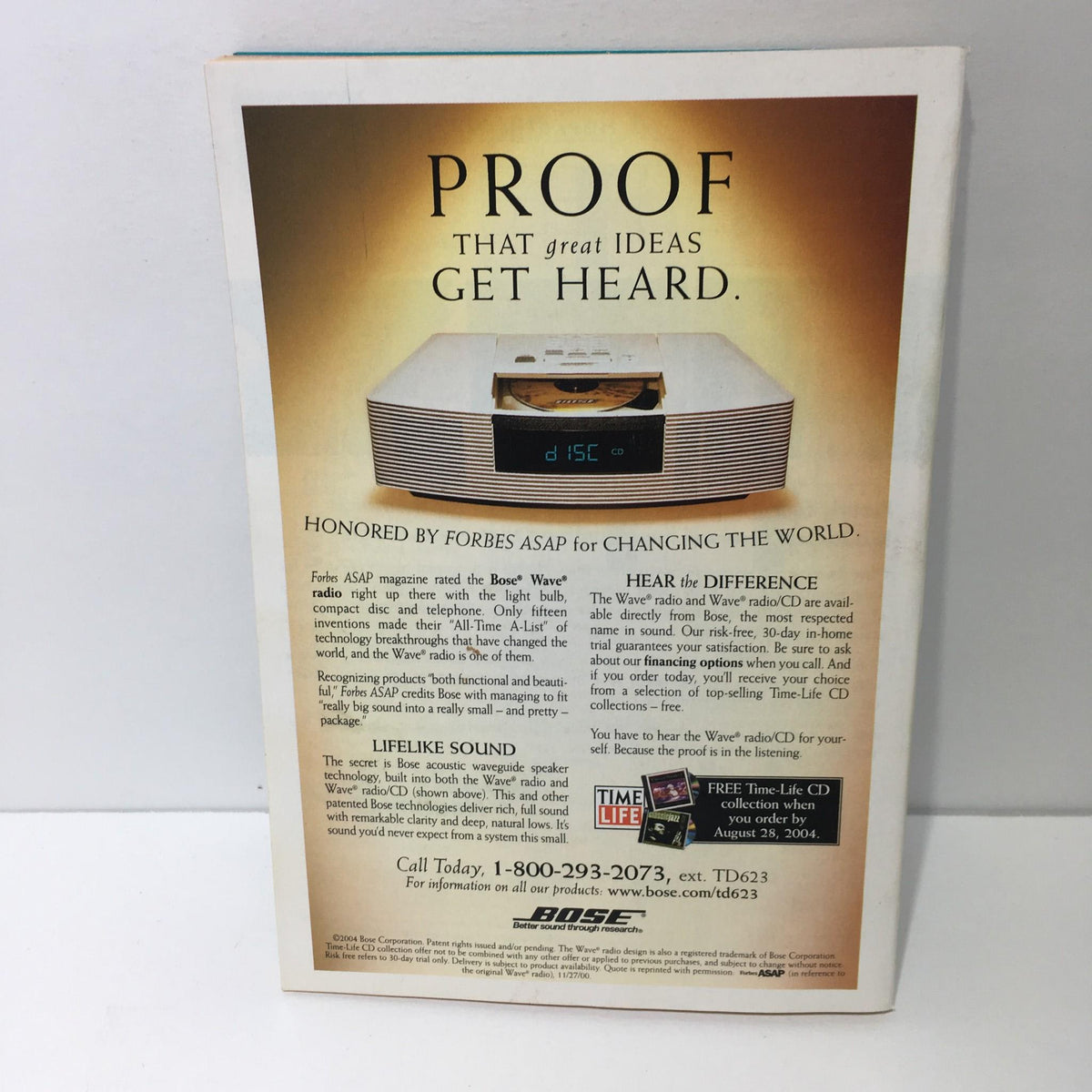 Back cover of the TV Guide July 4-10 2004 featuring a Bose advertisement with the tagline 'Proof that great ideas get heard.' highlighting lifelike sound and offering a free Life CD.