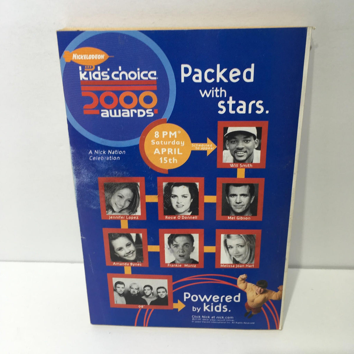 Nickelodeon Kids' Choice 2000 Awards promotional flyer featuring Will Smith, Jennifer Lopez, Rosie O'Donnell, Mel Gibson, and other stars. Event scheduled for April 15th. TV Guide April 15-21 2000 Curly Howard The Stooges Return!