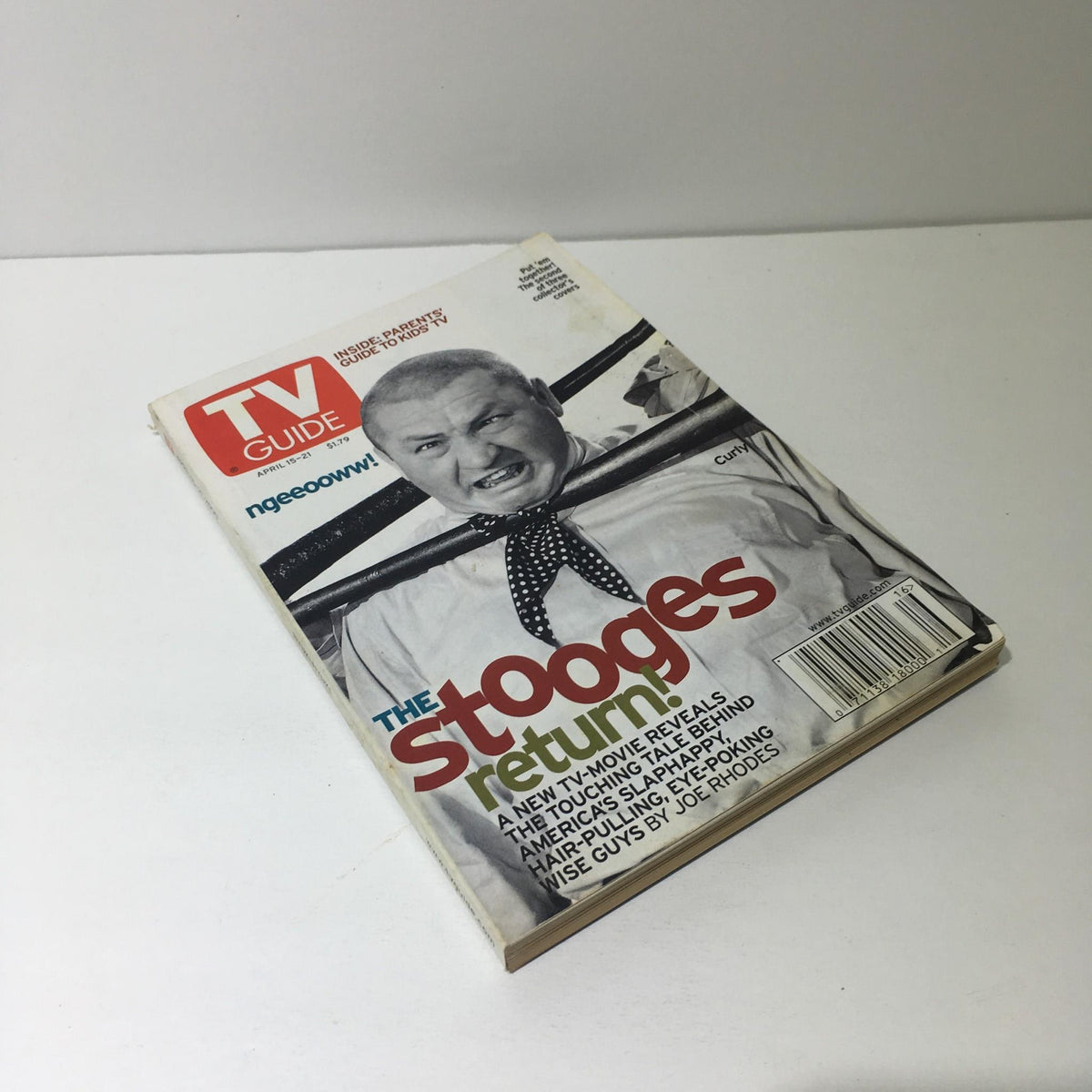 Cover of TV Guide from April 15-21, 2000, featuring Curly Howard, announcing 'The Stooges Return!' with an image of Curly Howard. The magazine is in good condition, with mild wear on edges.