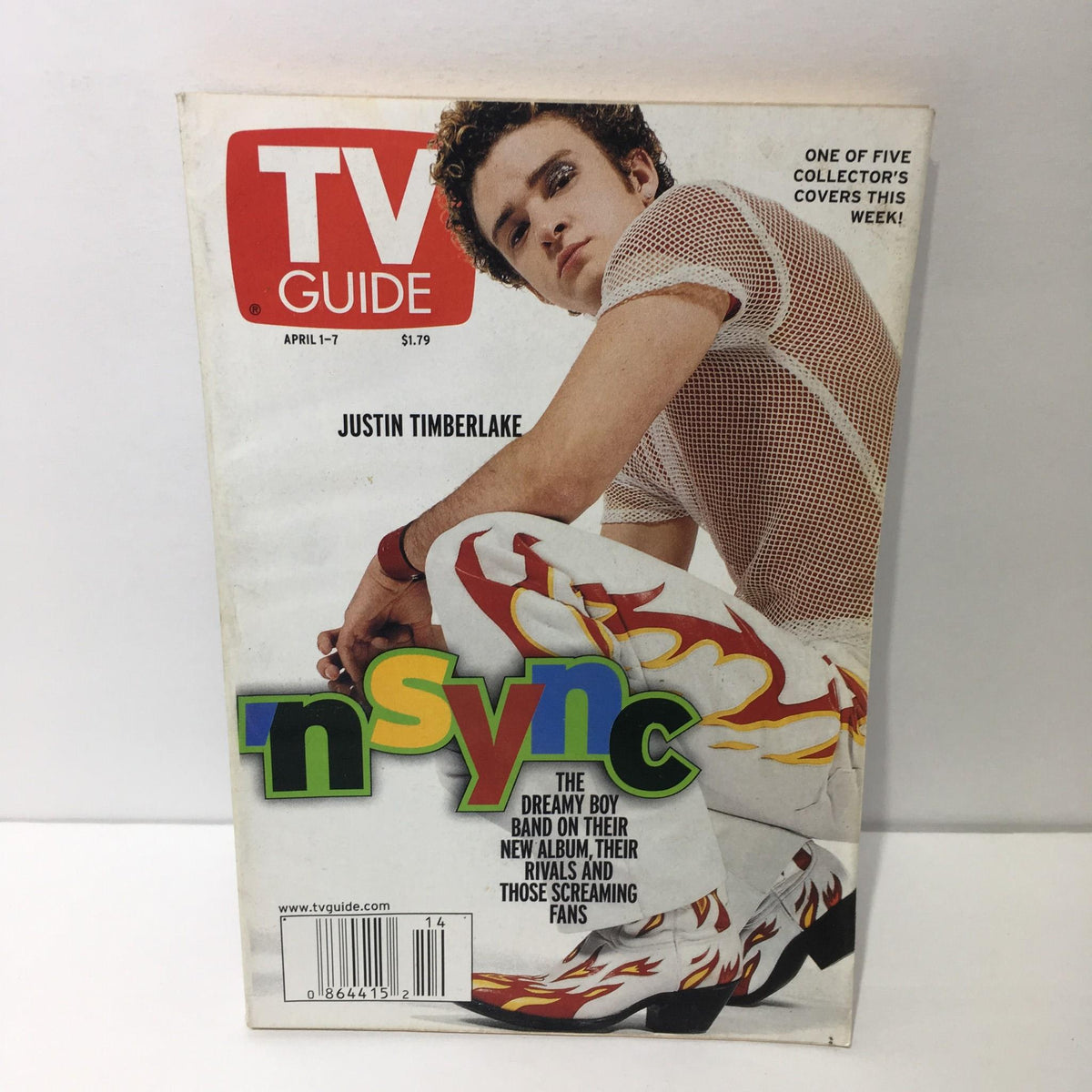 TV Guide cover featuring Justin Timberlake of NSYNC, dated April 1-7, 2000, showcasing the pop star in a stylish outfit and vibrant colors.