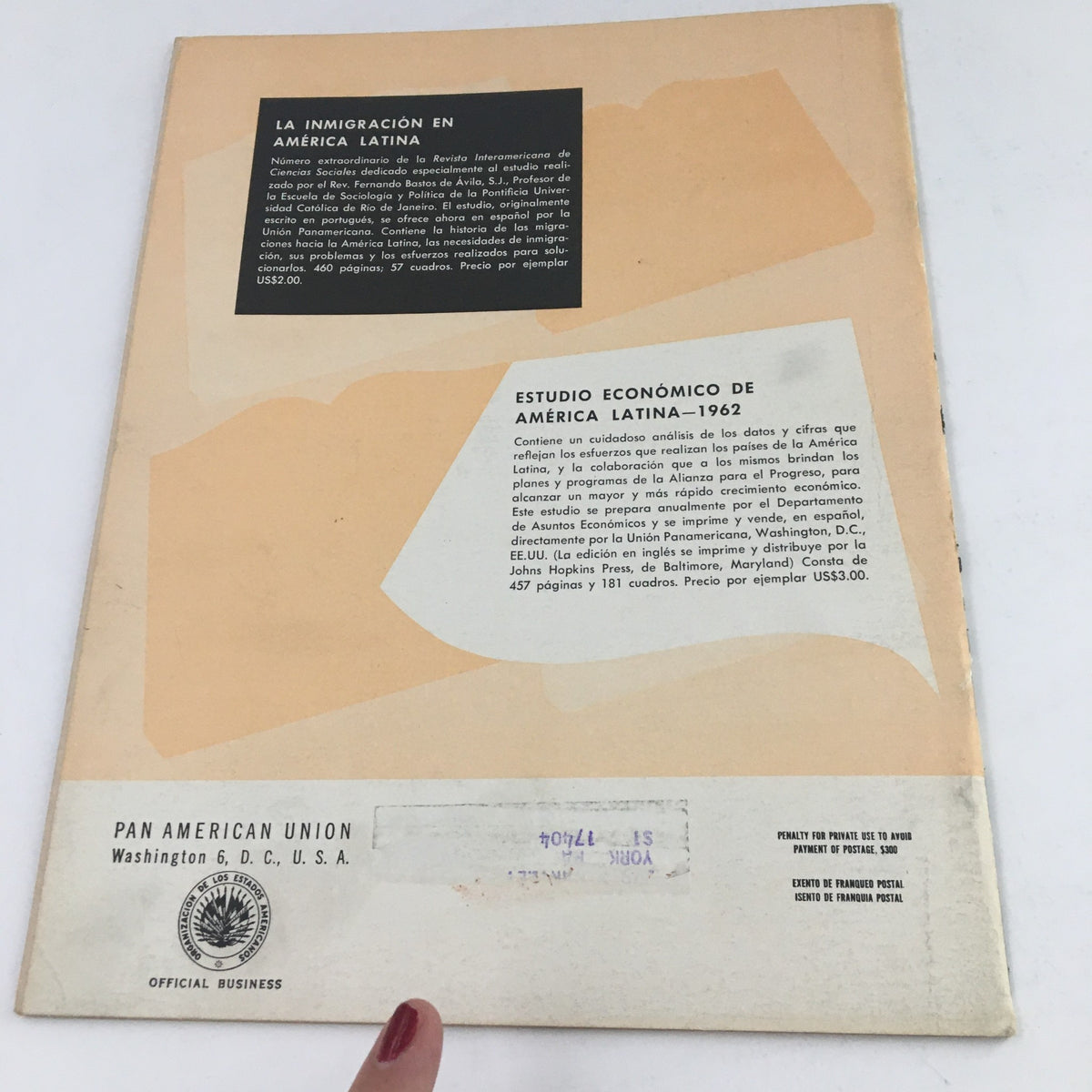 Back cover of Americas Magazine February 1965, featuring text about immigration and economic studies in Latin America, with official stamps and logos.