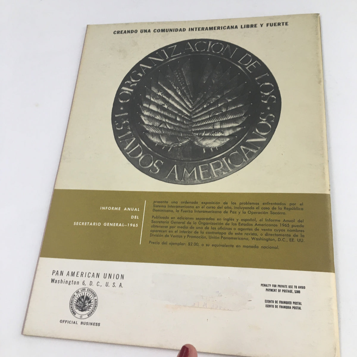 Back cover of America's Magazine June 1966 showcasing the emblem and text related to the Organization of American States.