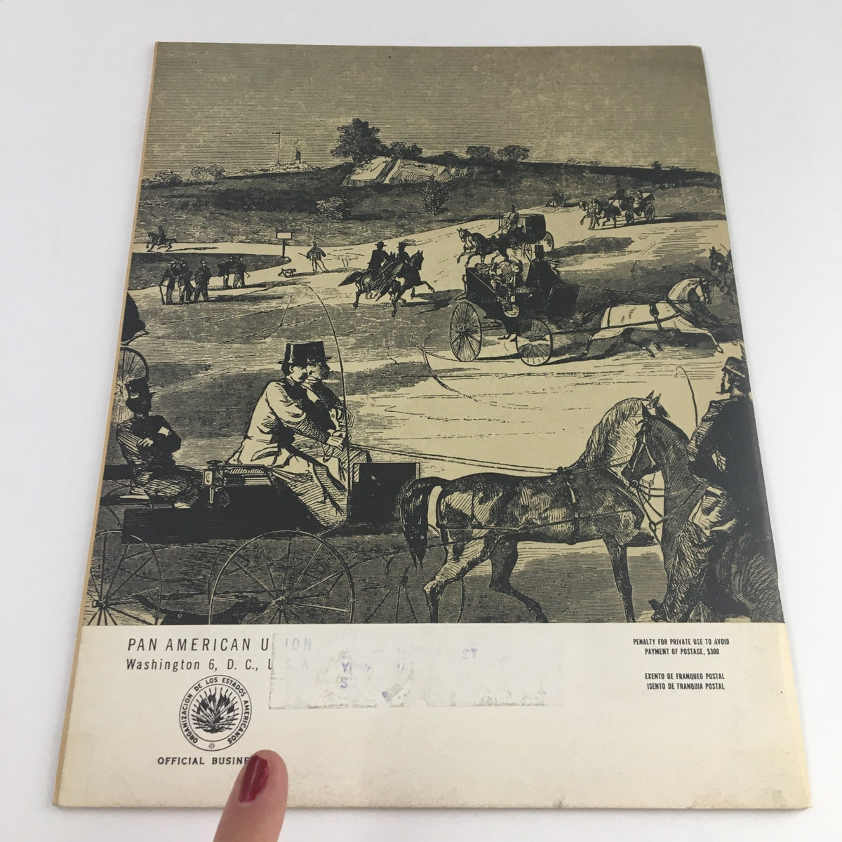 Cover of Americas Magazine from March 1964 featuring an artistic depiction of horse-drawn carriages and early automobiles in Central Park, New York, embodying the vintage charm and culture of the era.