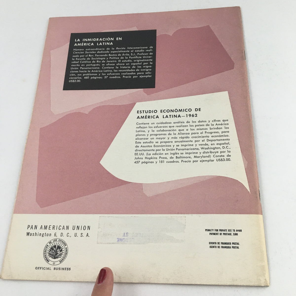 Back cover of Americas Magazine December 1964 displaying text related to immigration and economic studies in Latin America, with a subtle pink abstract design.