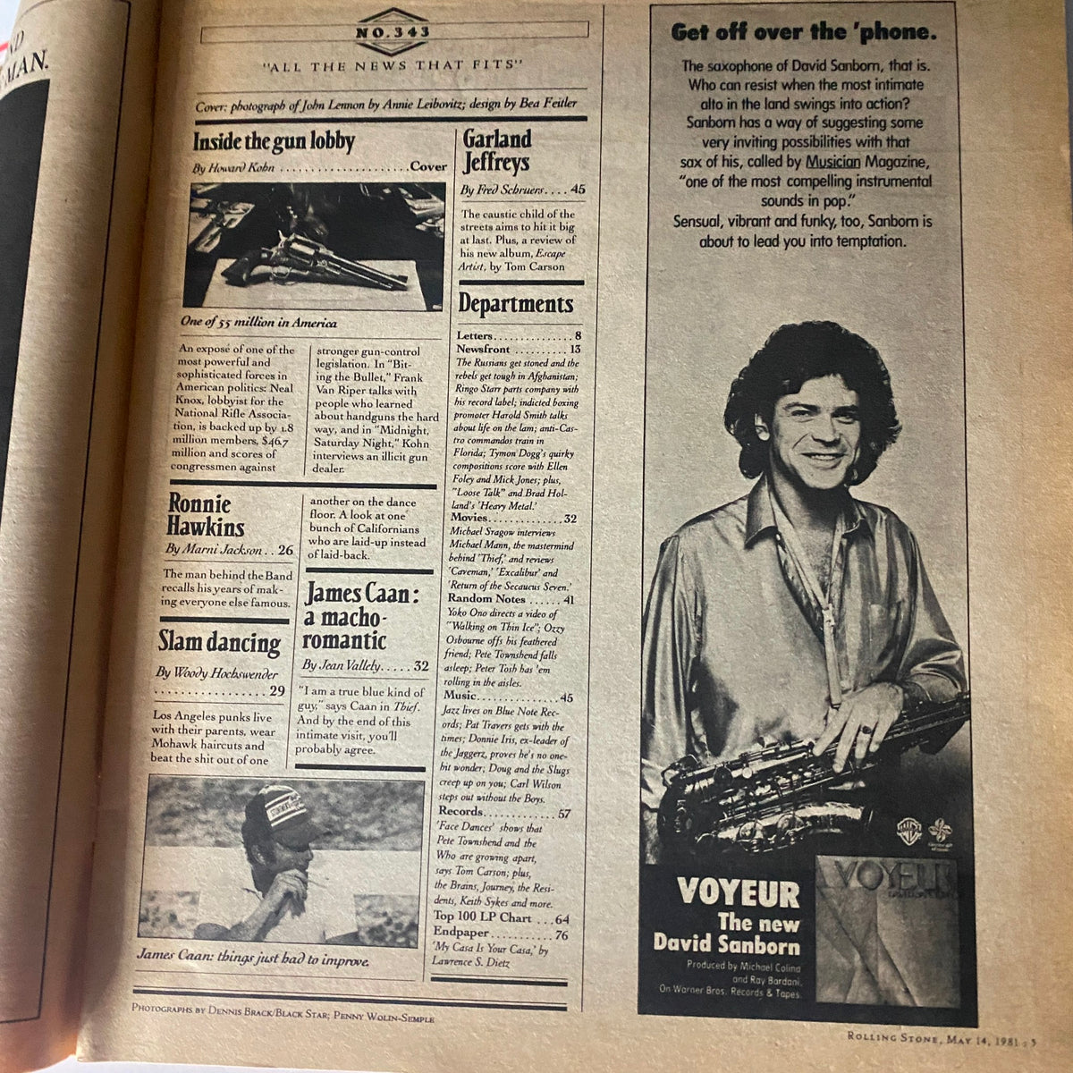 Interior page of Rolling Stone Magazine May 14 1981 with articles including 'Inside the Gun Lobby' and features on James Caan and David Sanborn.