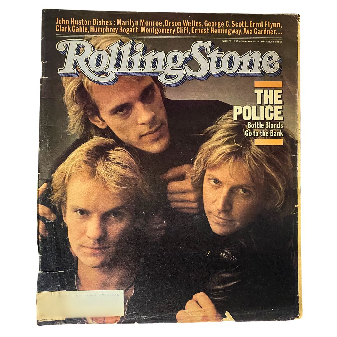 Cover of Rolling Stone Magazine, February 19, 1981, featuring The Police, iconic vintage music publication from issue No. 337, showcasing three band members against a dark background.