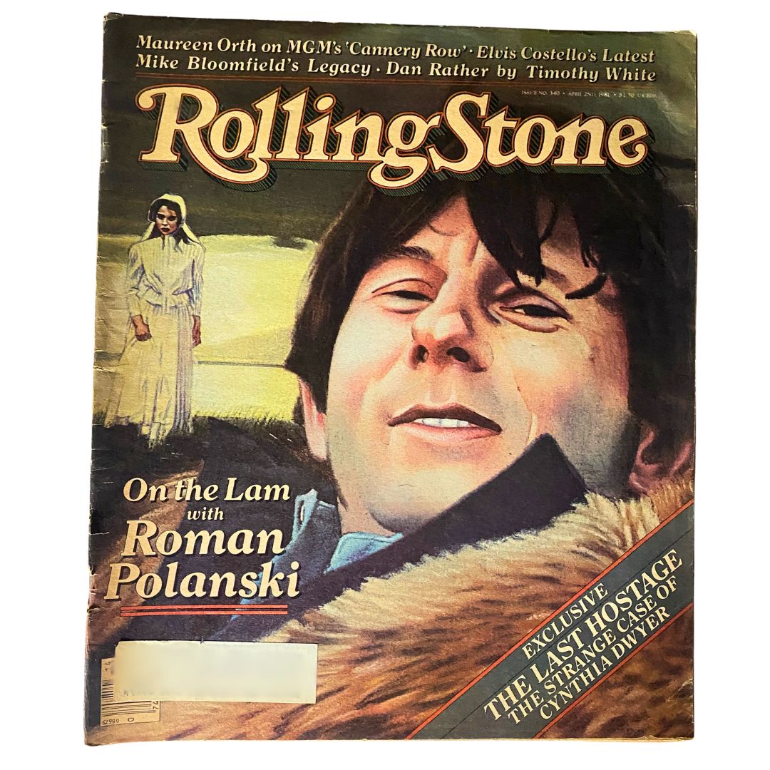 Cover of VTG Rolling Stone Magazine April 2, 1981, No. 340 featuring Roman Polanski with the title 'On the Lam with Roman Polanski' and illustrations reflecting the cultural essence of the early 1980s.