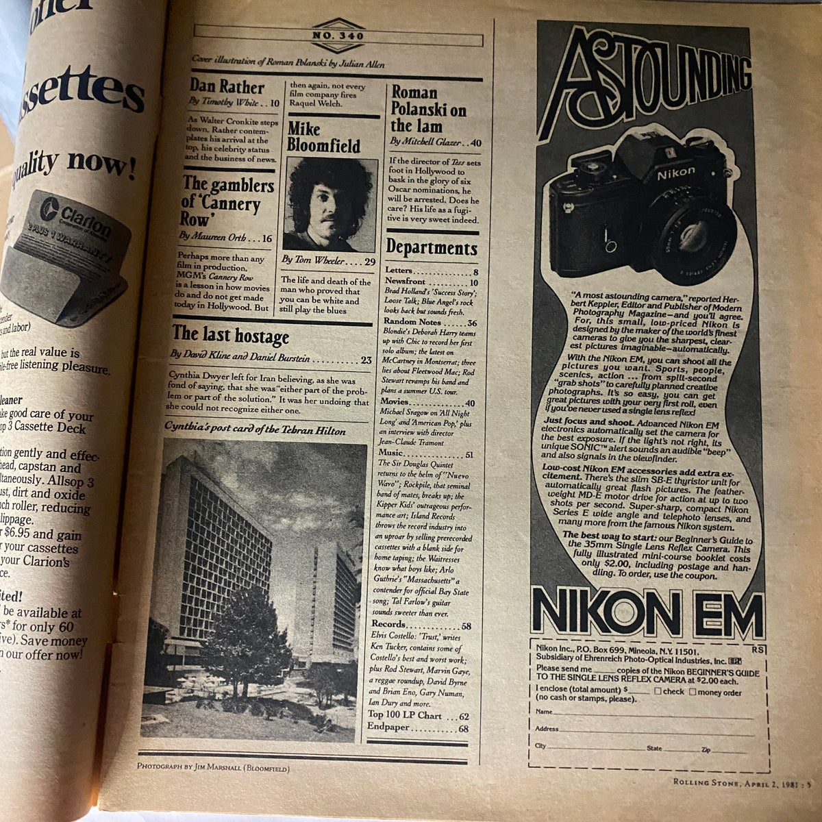 Inside pages of VTG Rolling Stone Magazine April 2, 1981, No. 340, displaying article headings such as 'Roman Polanski on the Lam' and advertisements, showcasing the vintage magazine's features and content.