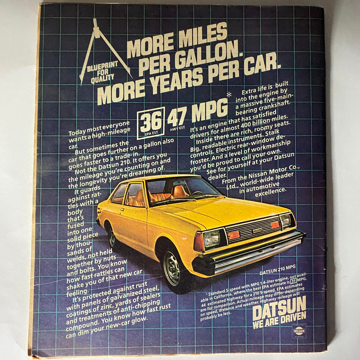 Vintage advertisement for Datsun showcasing a yellow car with the headline 'More Miles Per Gallon. More Years Per Car.' This ad emphasizes fuel efficiency with estimated miles per gallon figures, reflecting automotive technology of the early 1980s.